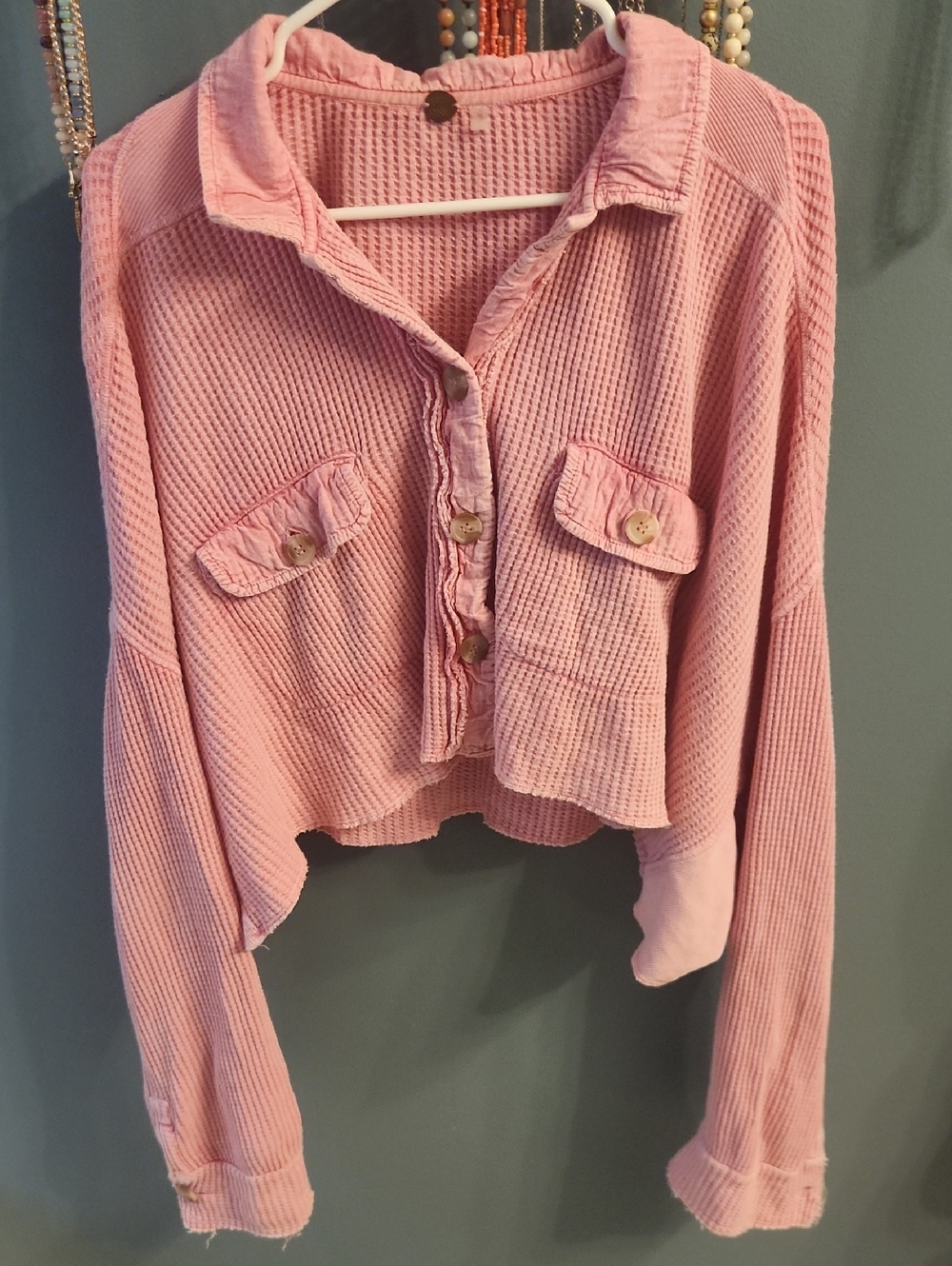 Free People Scout Cropped Waffle Knit Button-Front  Jacket - Pink